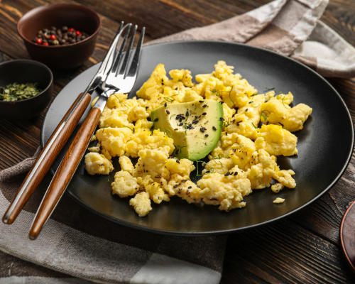 scrambled eggs with avocado
low carb