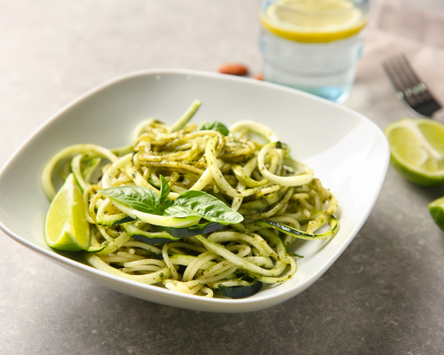 zucchini noodles with pesto
low carb