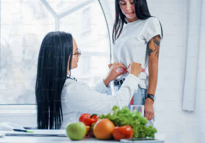 Nutritionist measuring a woman's waist during a weight loss consultation, with fresh fruits and vegetables in the foreground symbolizing a healthy diet.