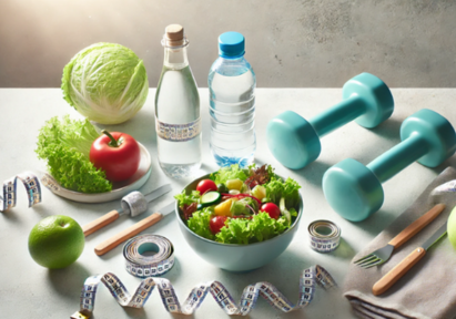 A horizontal image of weight loss essentials: dumbbells, a water bottle, a tape measure, and a salad bowl on a clean surface with soft natural light, symbolizing healthy living.