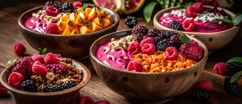 A close-up of wooden bowls filled with vibrant healthy smoothie bowls topped with fresh raspberries, blackberries, diced mango, granola, and nuts.