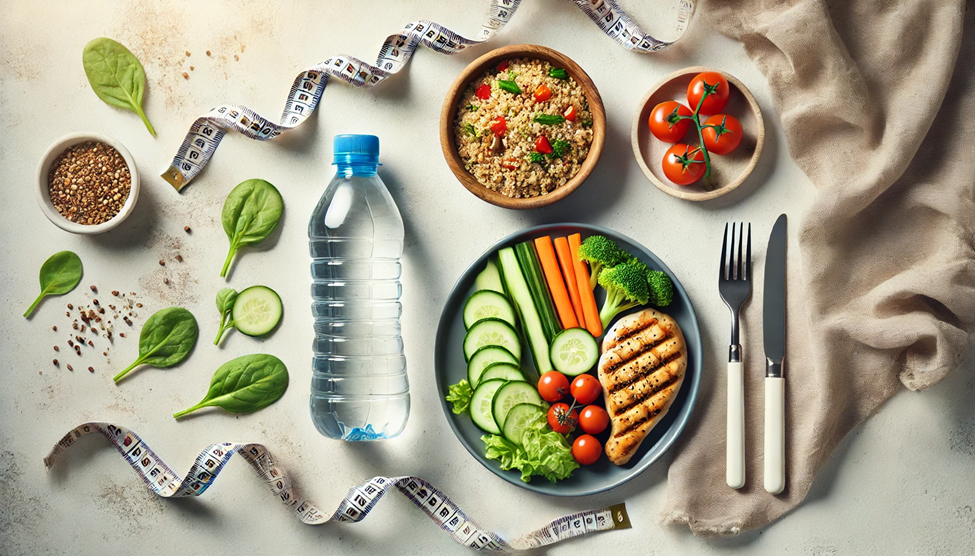 A plate of grilled chicken, fresh vegetables, and a bowl of quinoa, alongside a water bottle and a measuring tape, set on a bright and minimalist surface with soft natural lighting.