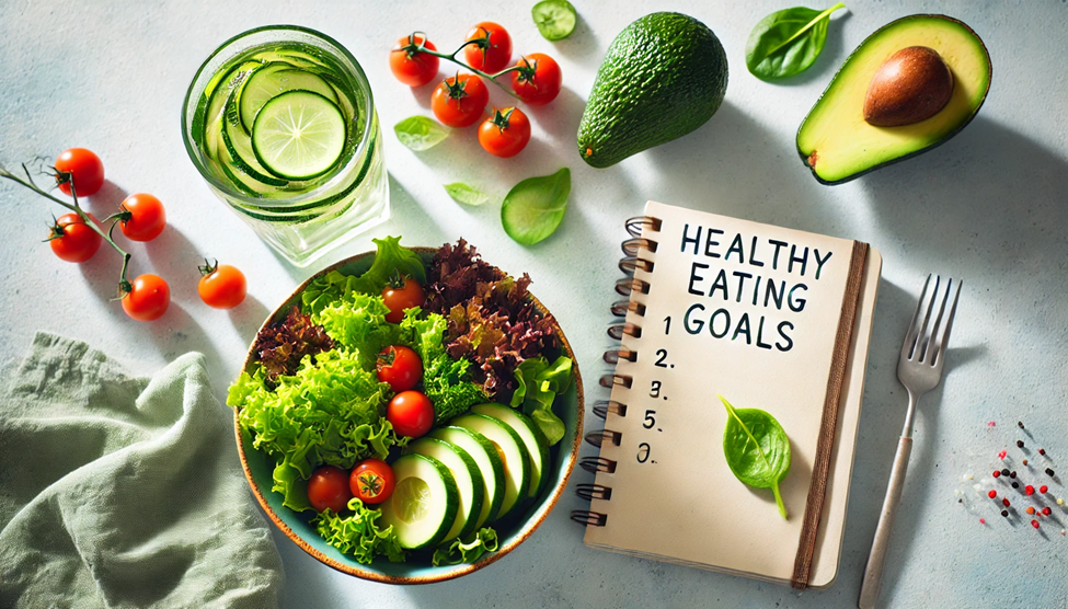 A vibrant bowl of mixed greens, cherry tomatoes, cucumber slices, and avocado, placed next to a glass of infused water and a notebook labeled "Healthy Eating Goals," on a clean and bright surface