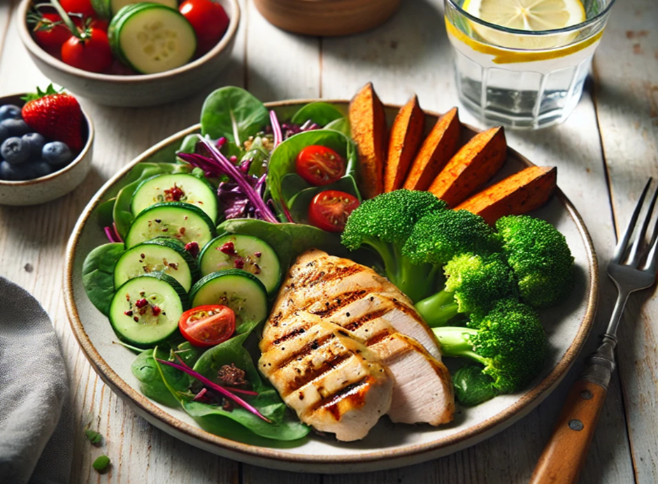 A balanced meal with grilled chicken, broccoli, sweet potatoes, and a salad, accompanied by a glass of lemon water and a bowl of fresh fruit.