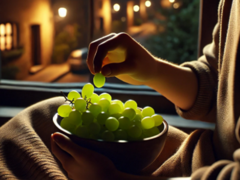 A man eating grapes at night as a snack.