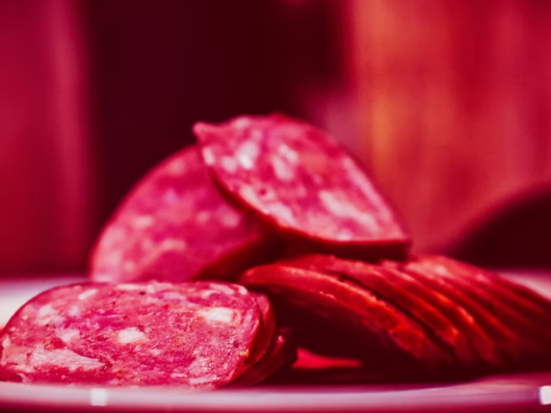 Close-up of sliced salami on a white plate with a red lighting effect.